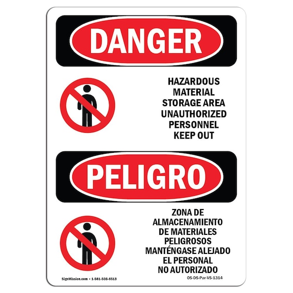 Safety Sign, OSHA Danger, 5" Height, Hazardous Material Storage Area Bilingual Spanish, 10PK